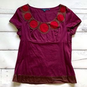 Boden circle appliqué fitted blouse top burgundy size 16